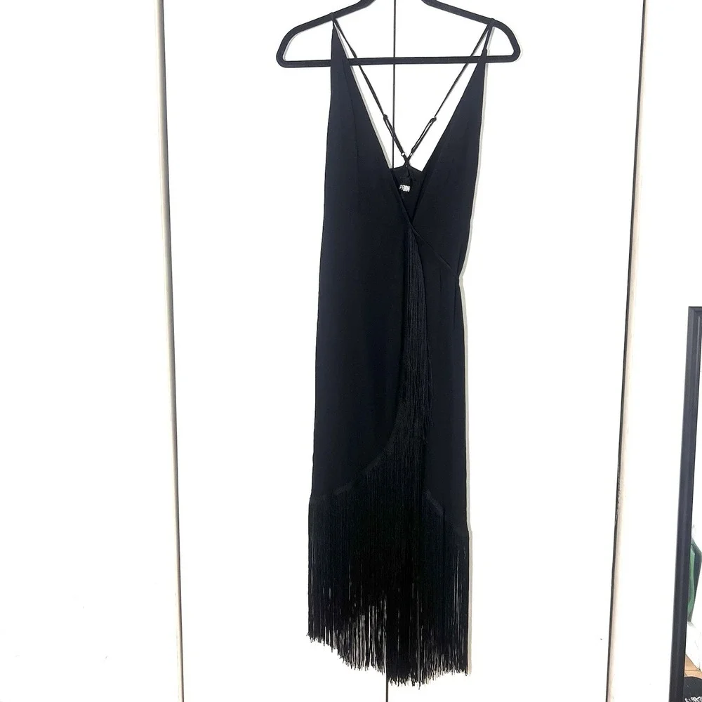 Reformation Midi Wrap Dress Size XS Black Fringe V-Neck Strappy Flapper Cocktail